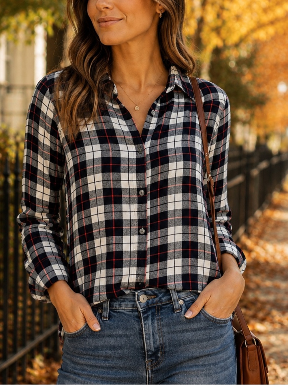 Marine Layer Black, White & Red Plaid Button-Down Shirt XS